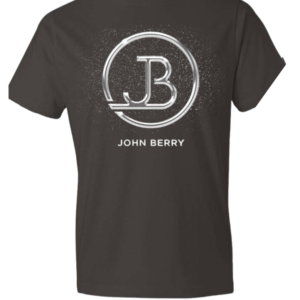 A black t-shirt with the john berry logo on it.