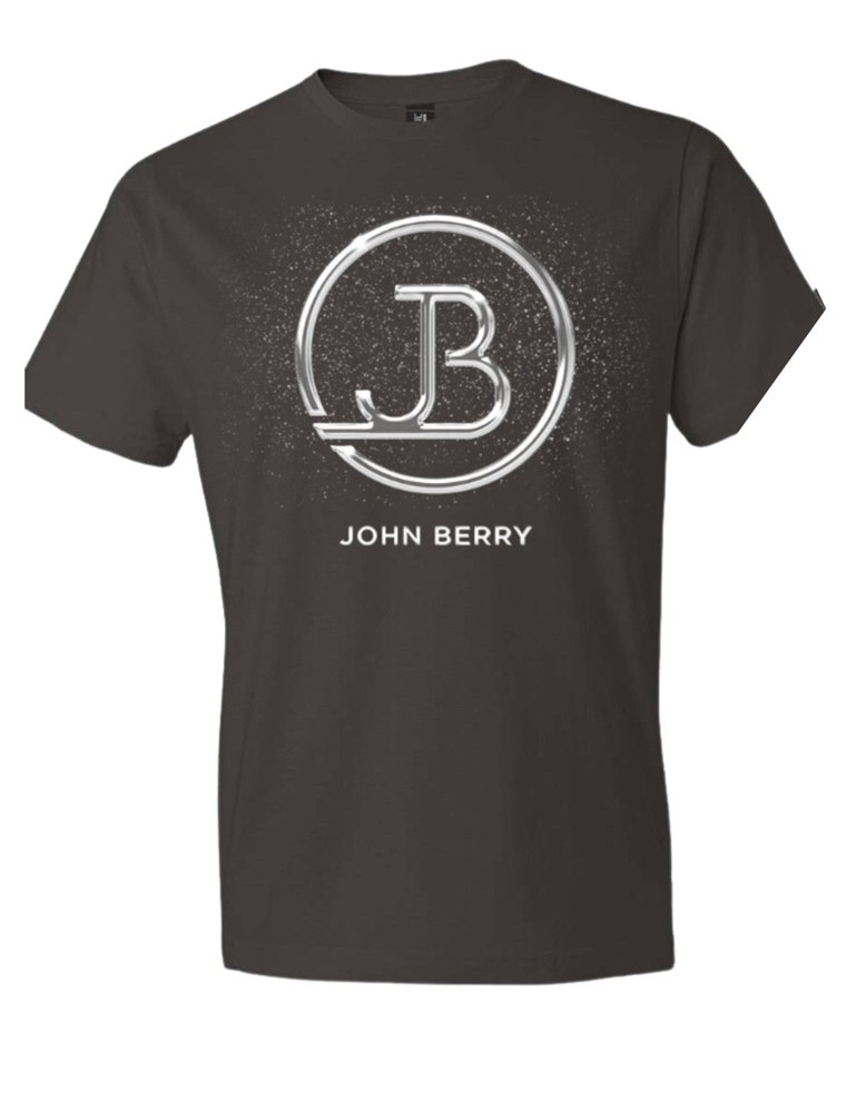 A black t-shirt with the john berry logo on it.