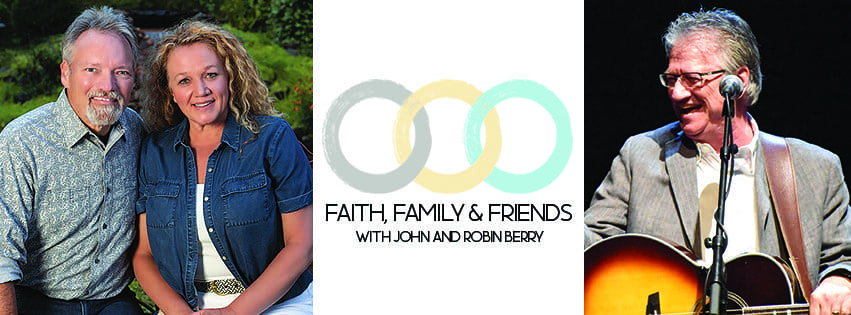 A man sitting in front of the words " faith, family & friends with john and robin berry."