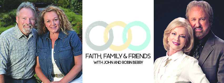 A man sitting in front of the words " faith, family & friends with john and robin berry."