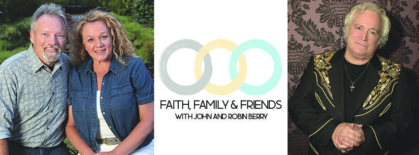 A man sitting in front of the words " faith, family & friends with john and robin berry."