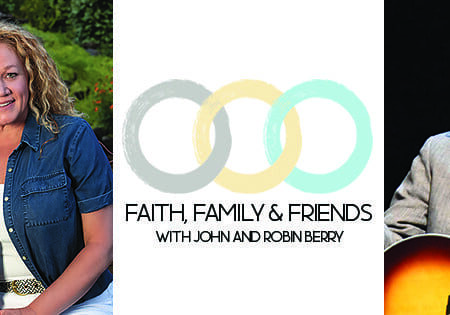 A man sitting in front of the words " faith, family & friends with john and robin berry."