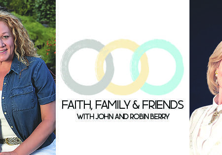 A man sitting in front of the words " faith, family & friends with john and robin berry."